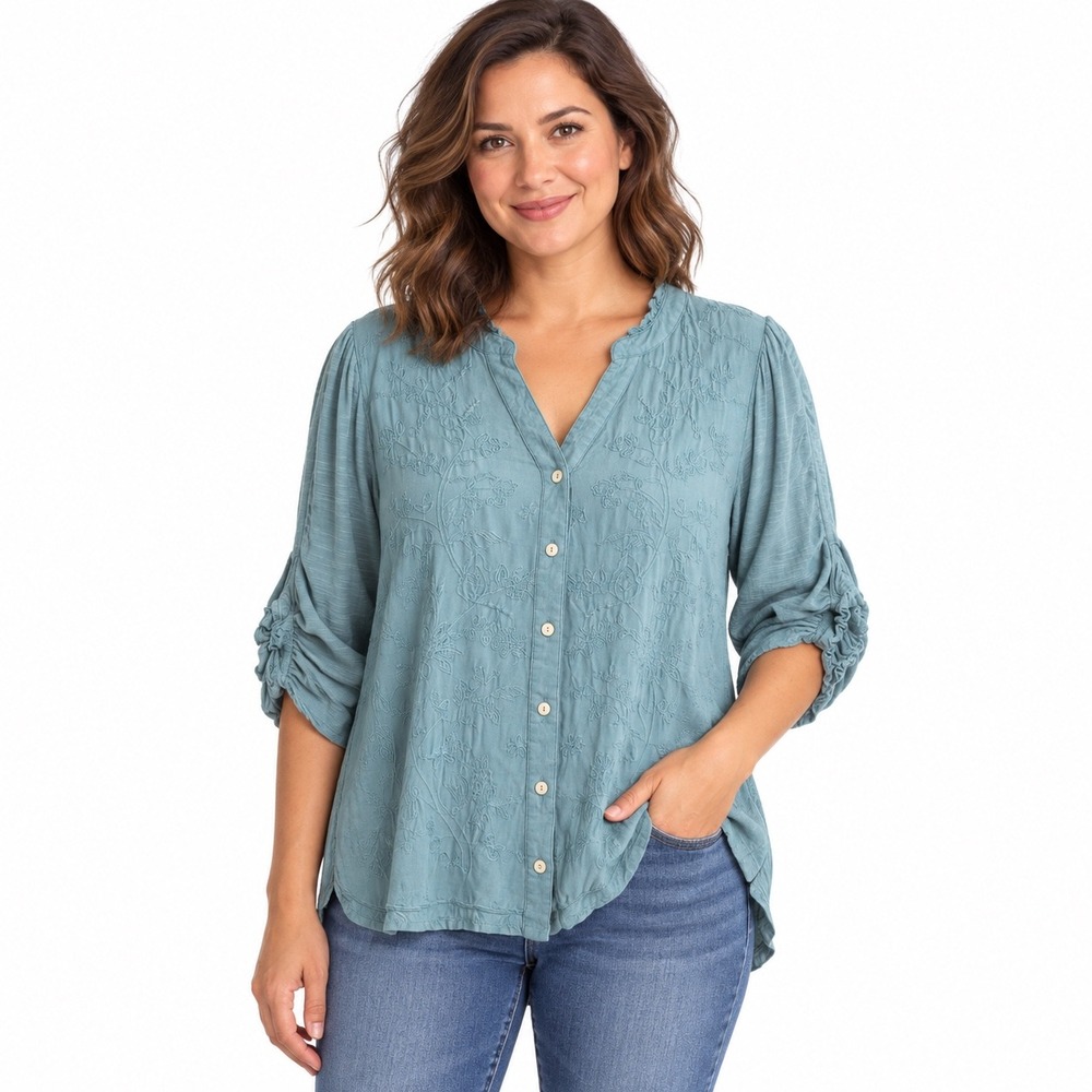 Democracy 2X Green Embroidered Top Ruched Sleeve Button Down Boho Tunic